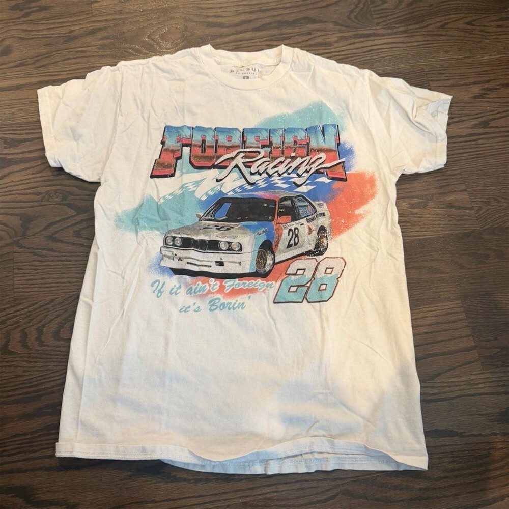 PacSun Foreign Racing Graphic T-Shirt Men's Small White #28 Car Graphic